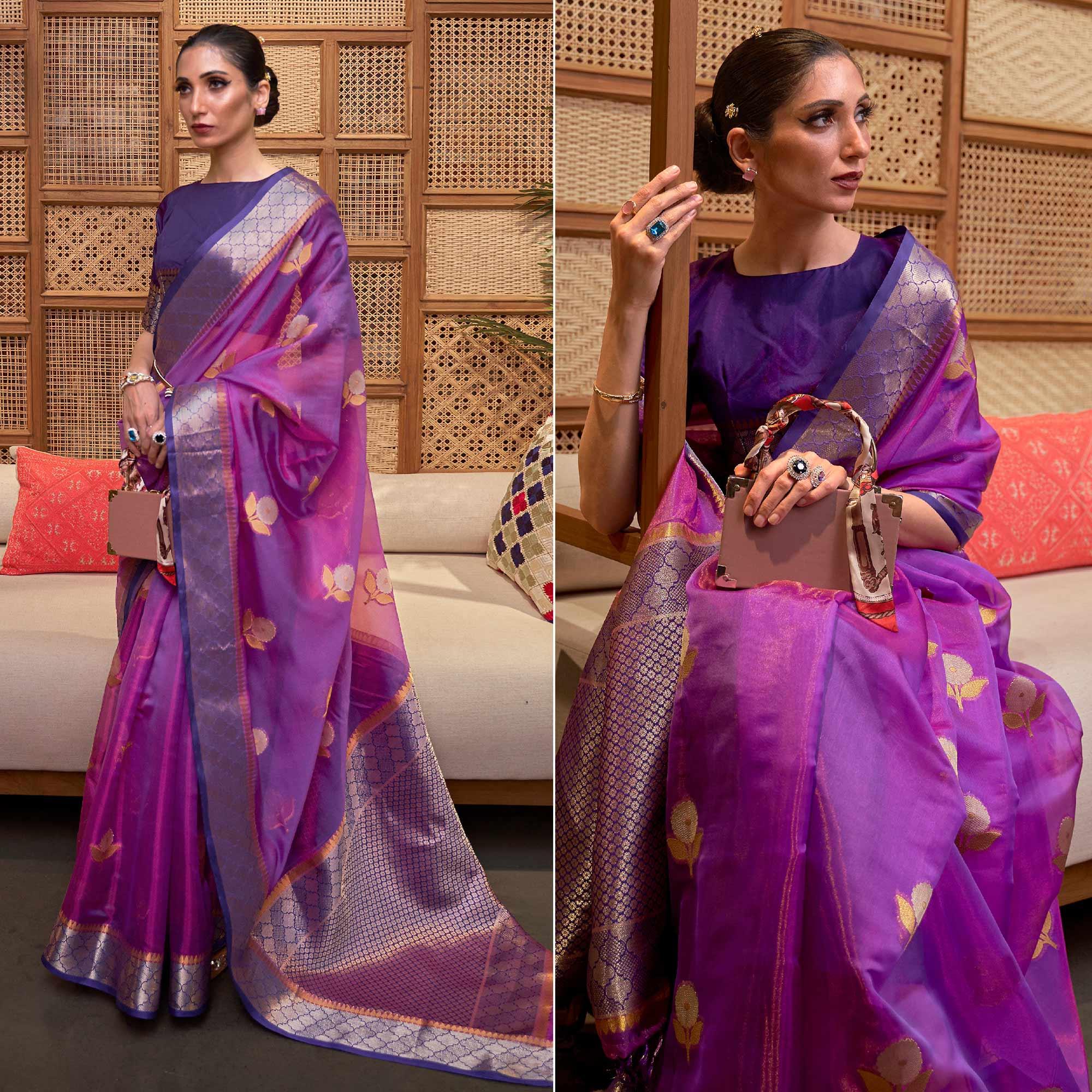 Purple Woven Organza Saree With Tassels - Peachmode