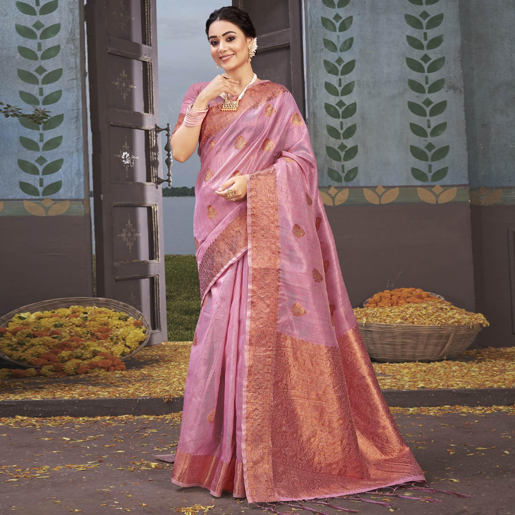 Purple Woven Organza Saree With Tassels - Peachmode
