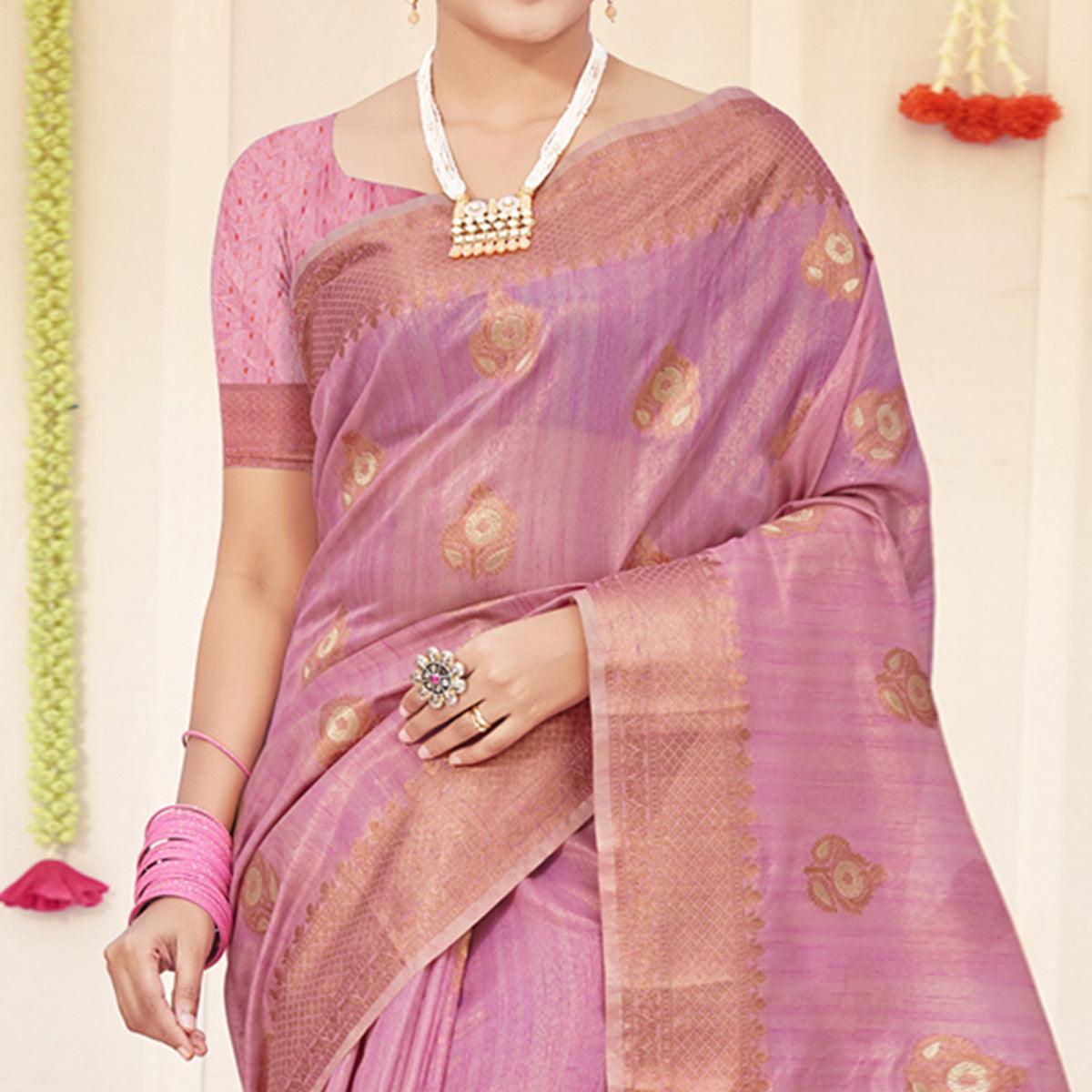 Purple Woven Organza Saree With Tassels - Peachmode