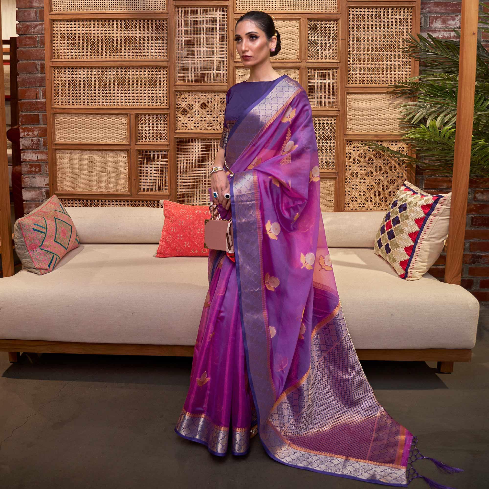 Purple Woven Organza Saree With Tassels - Peachmode