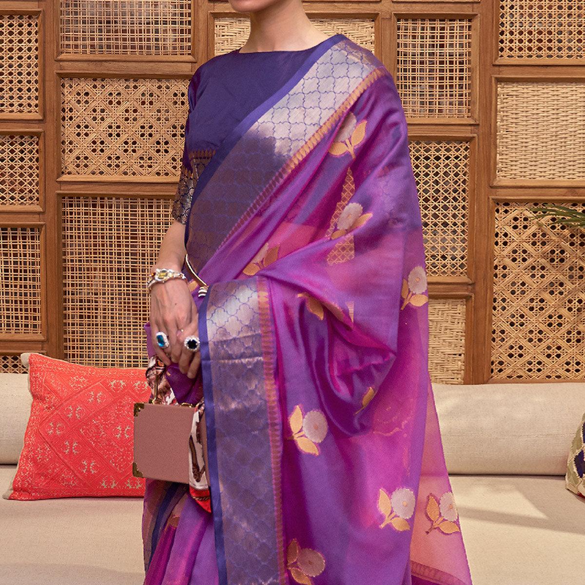 Purple Woven Organza Saree With Tassels - Peachmode