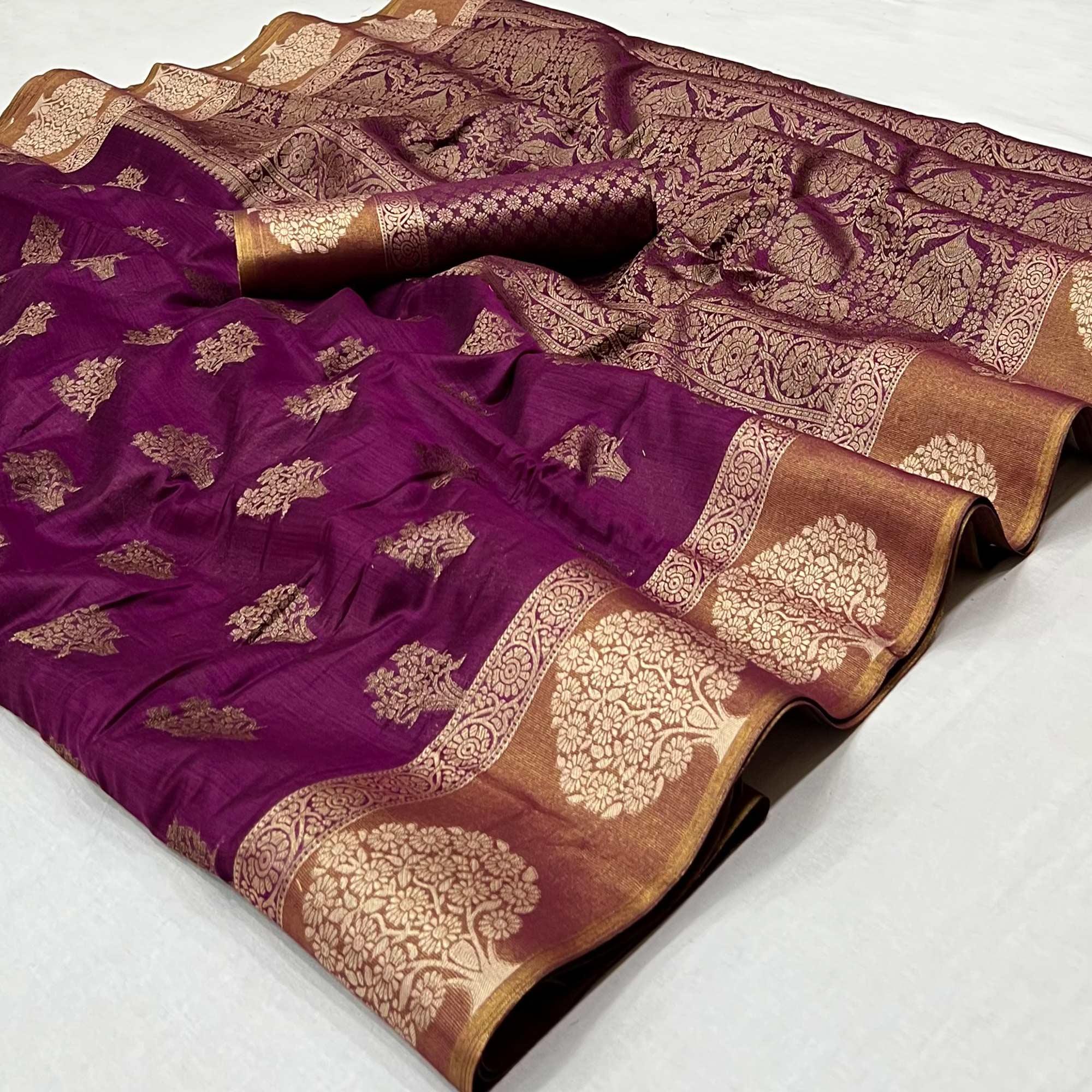 Purple Woven Poly Cotton Saree - Peachmode