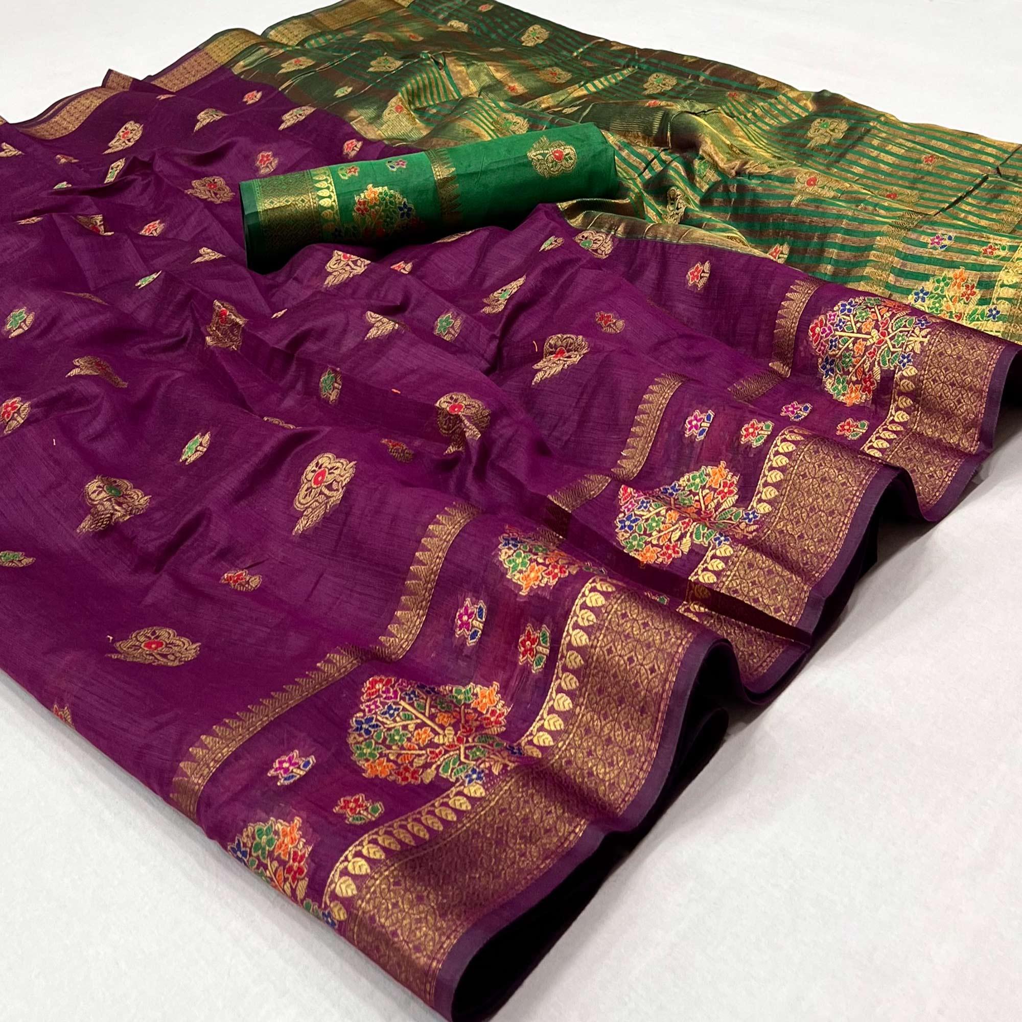 Purple Woven Poly Cotton Saree - Peachmode