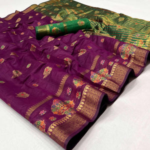 Purple Woven Poly Cotton Saree - Peachmode