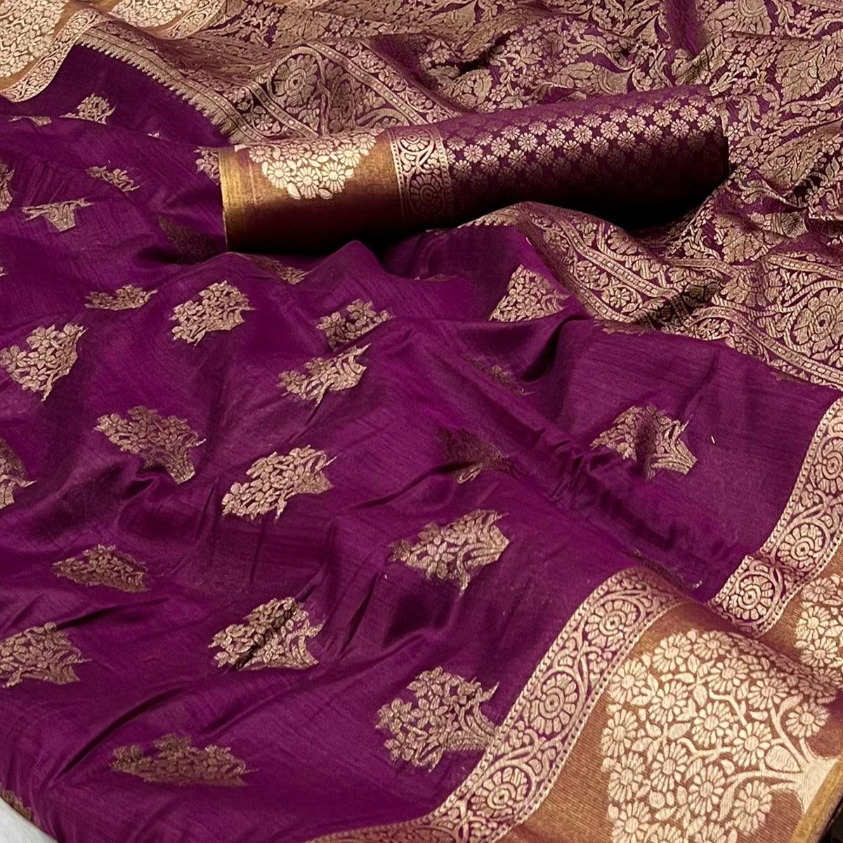 Purple Woven Poly Cotton Saree - Peachmode