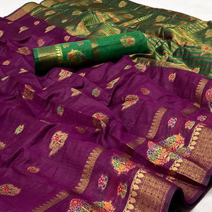 Purple Woven Poly Cotton Saree - Peachmode