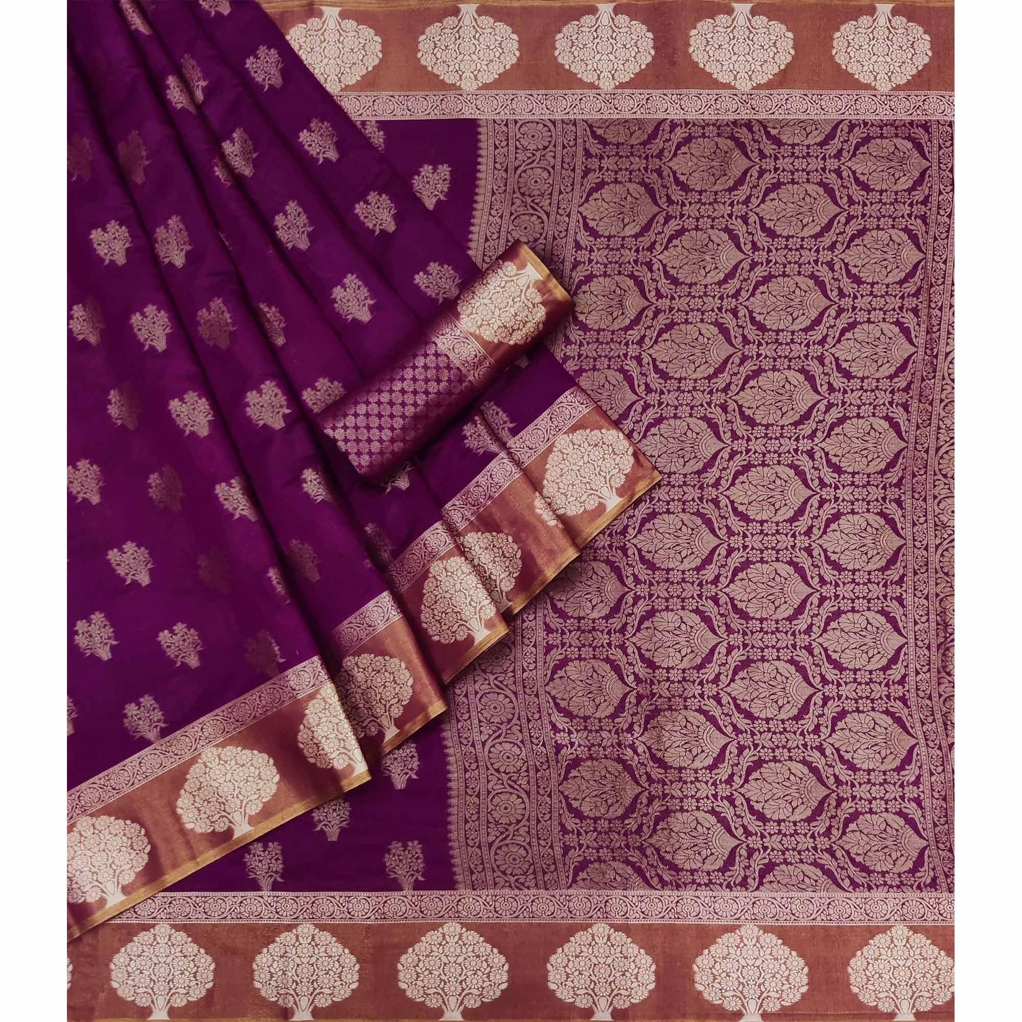 Purple Woven Poly Cotton Saree - Peachmode