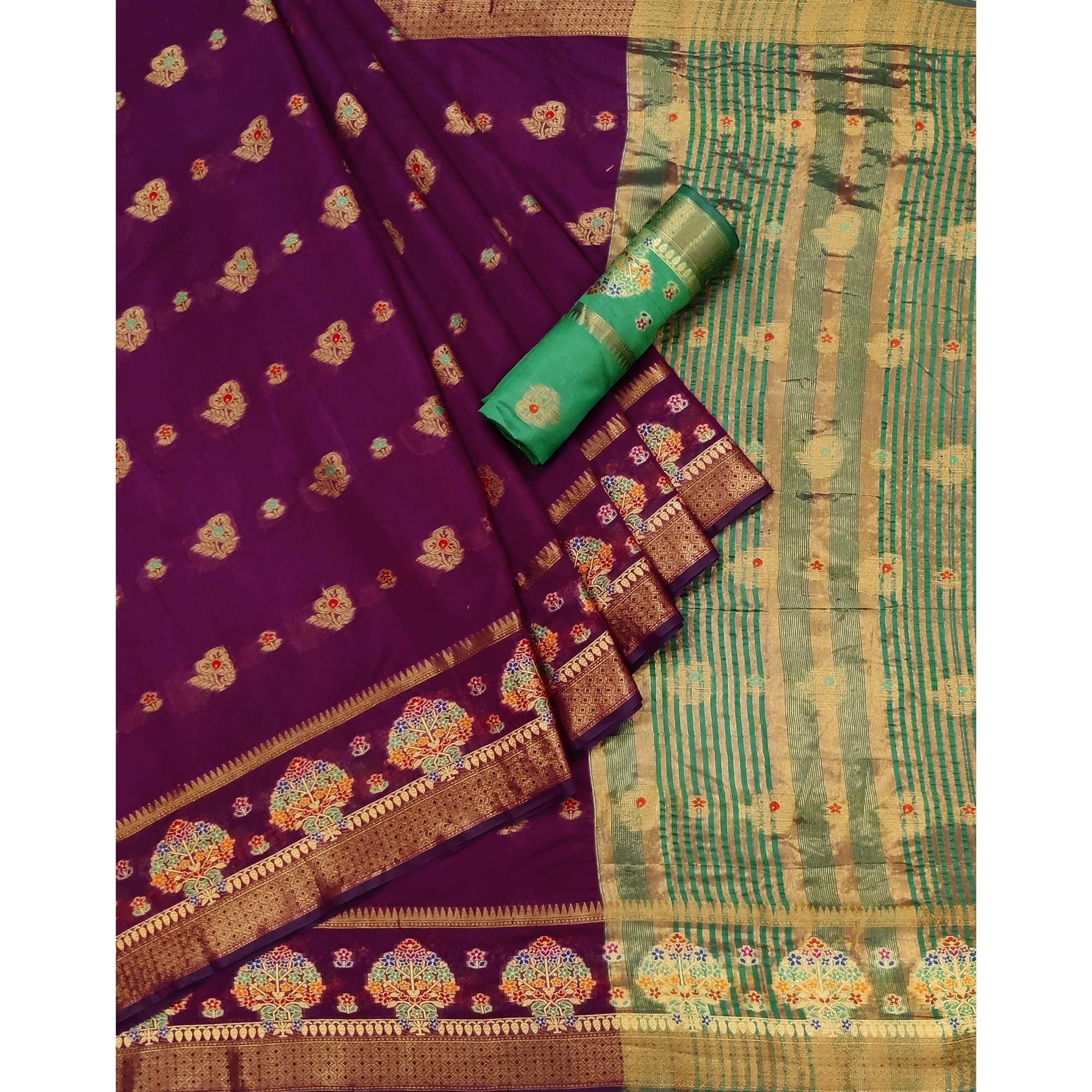 Purple Woven Poly Cotton Saree - Peachmode
