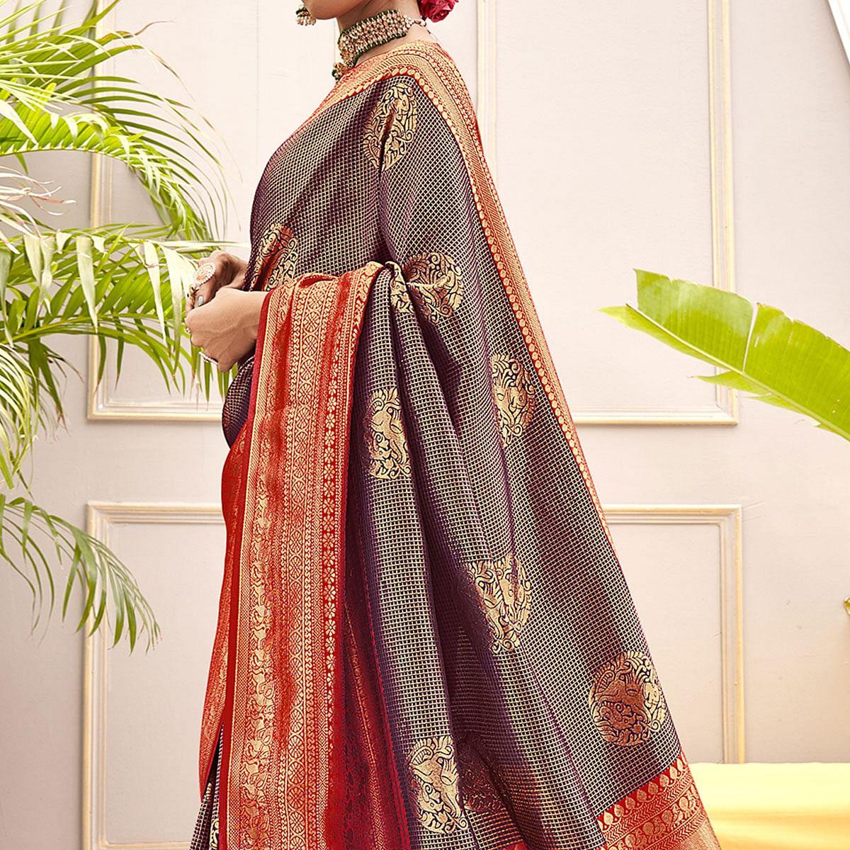 Purple Woven Pure Silk Saree With Tassels - Peachmode