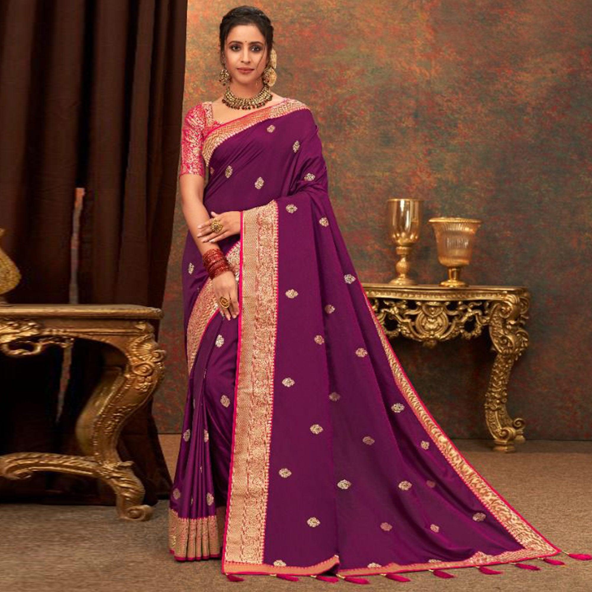 Purple Woven Pure Silk Saree With Tassels - Peachmode