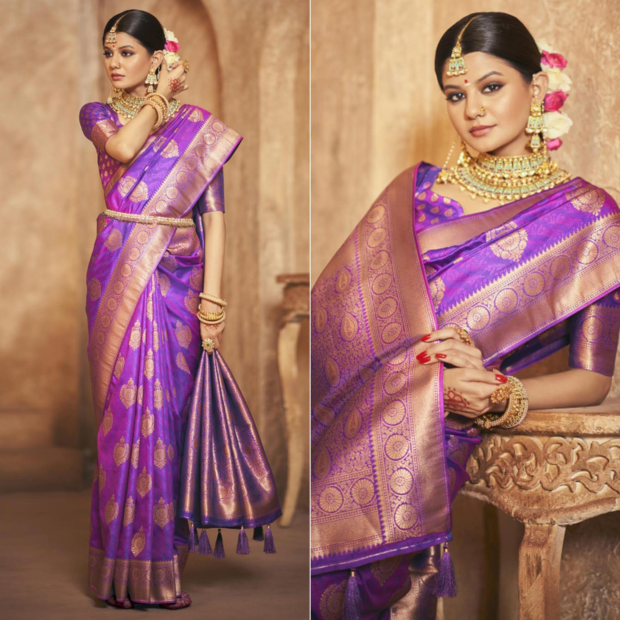 Purple Woven Silk Saree With Tassels - Peachmode
