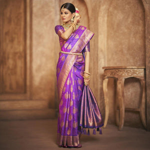 Purple Woven Silk Saree With Tassels - Peachmode