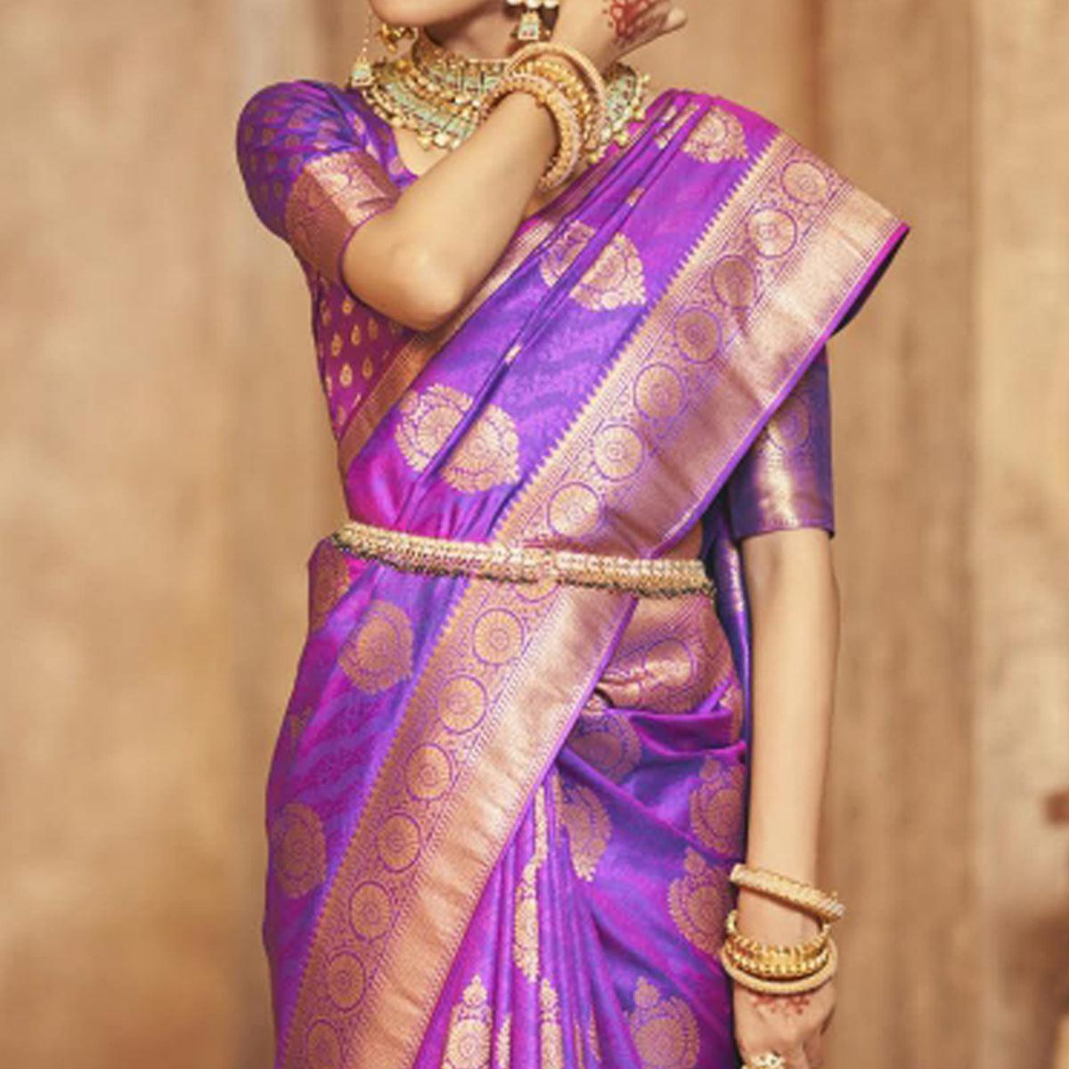 Purple Woven Silk Saree With Tassels - Peachmode