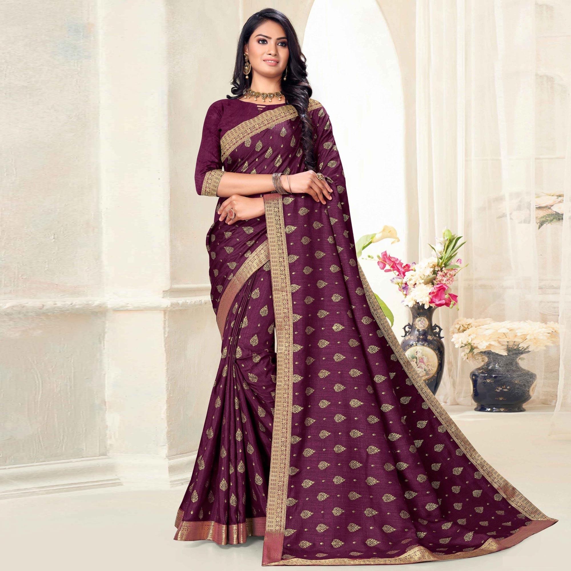 Purple Woven Vichitra Silk Saree - Peachmode