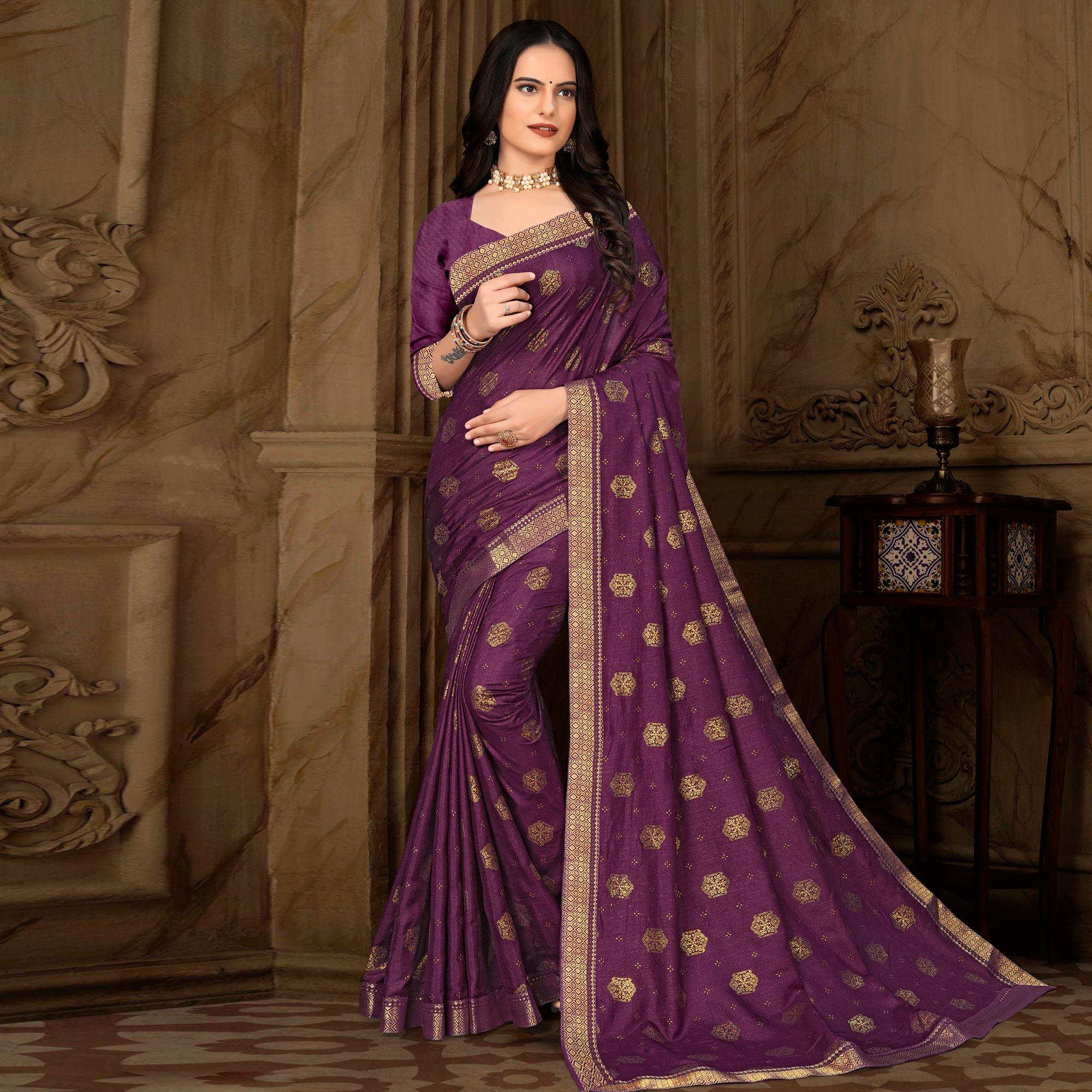 Purple Woven Vichitra Silk Saree - Peachmode