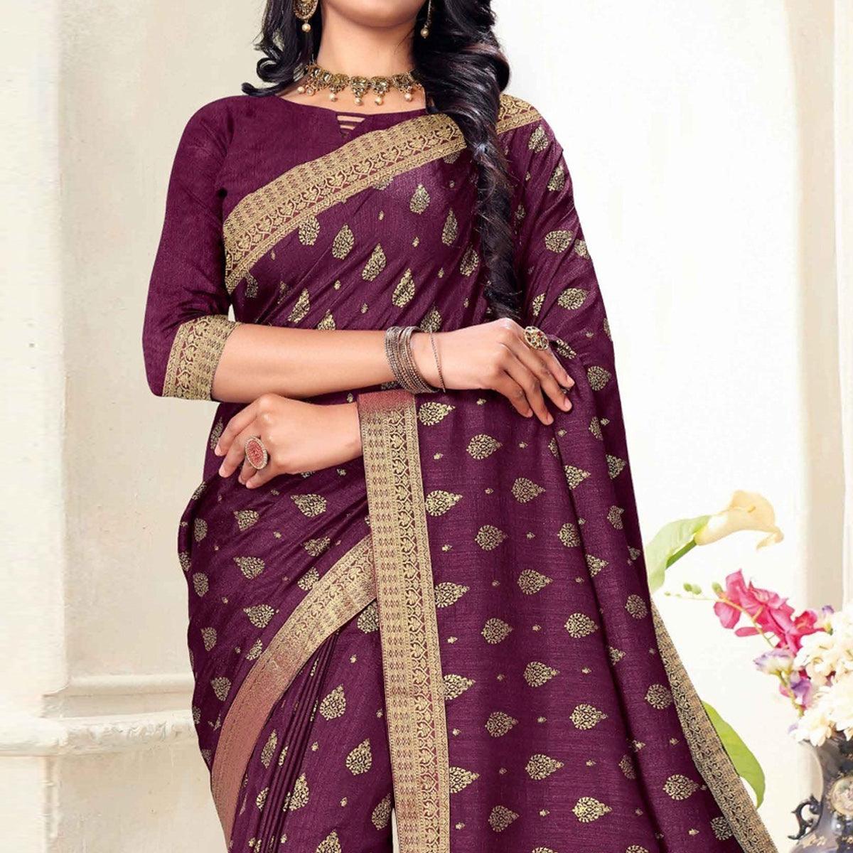 Purple Woven Vichitra Silk Saree - Peachmode