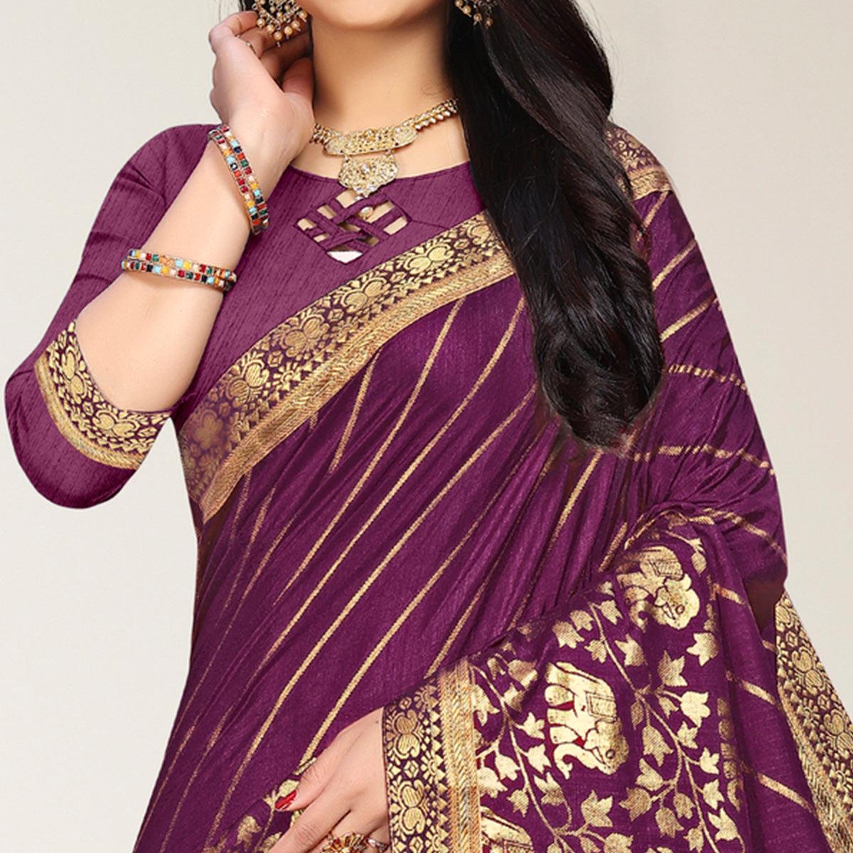 Purple Woven Vichitra Silk Saree - Peachmode
