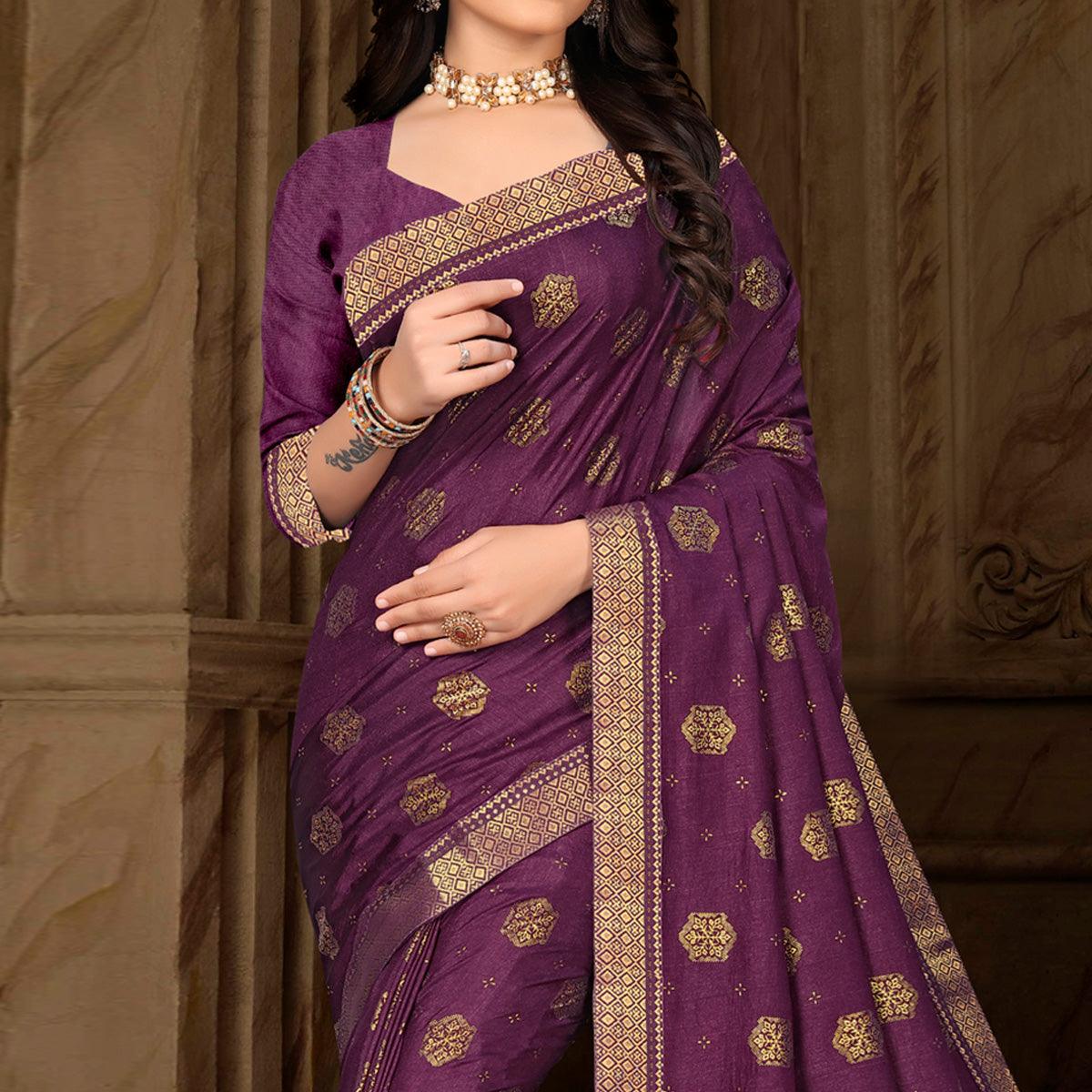 Purple Woven Vichitra Silk Saree - Peachmode