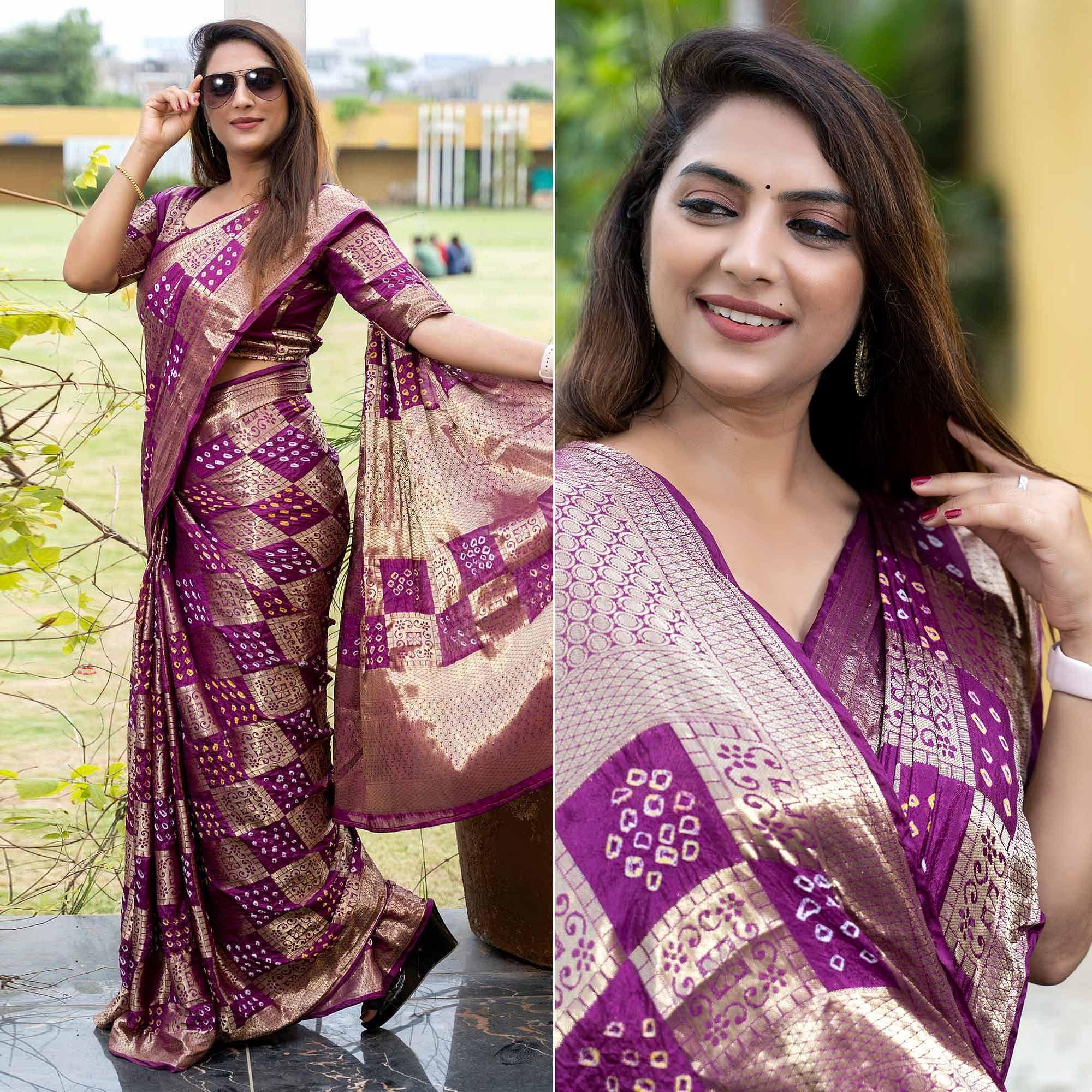 Purple Woven With Bandhani Printed Art Silk Saree - Peachmode