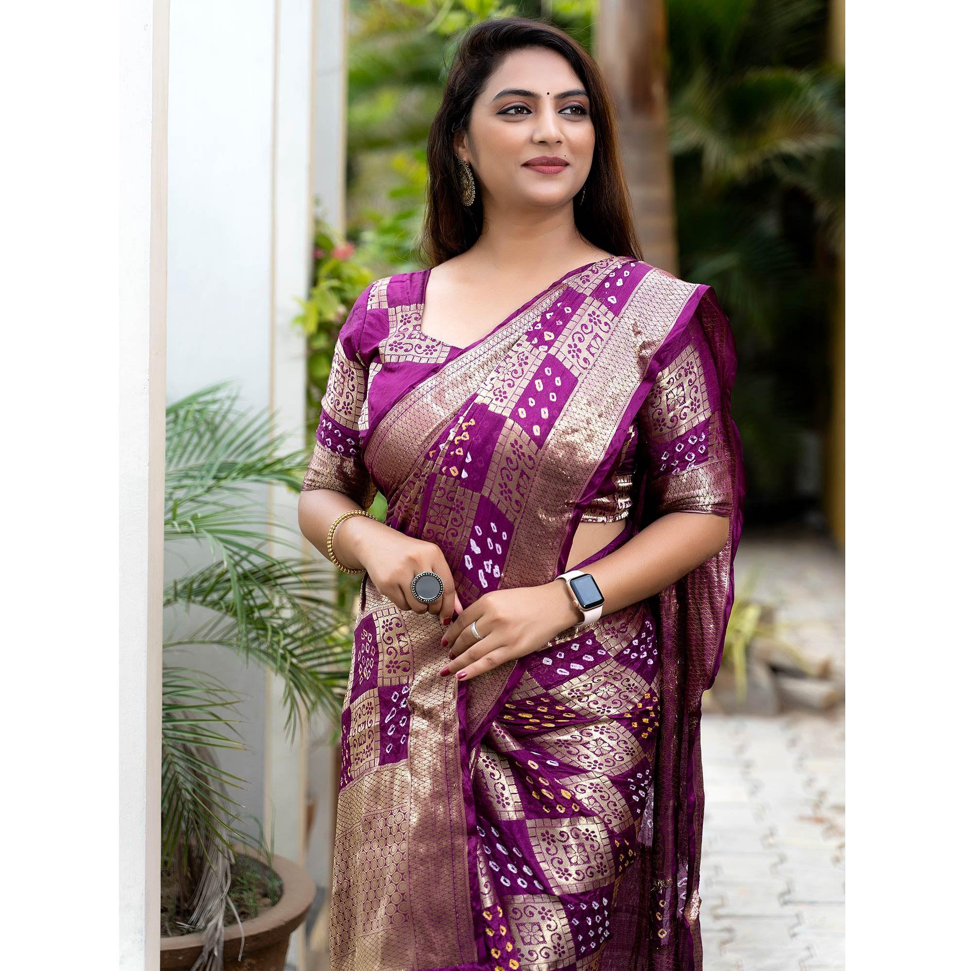 Purple Woven With Bandhani Printed Art Silk Saree - Peachmode