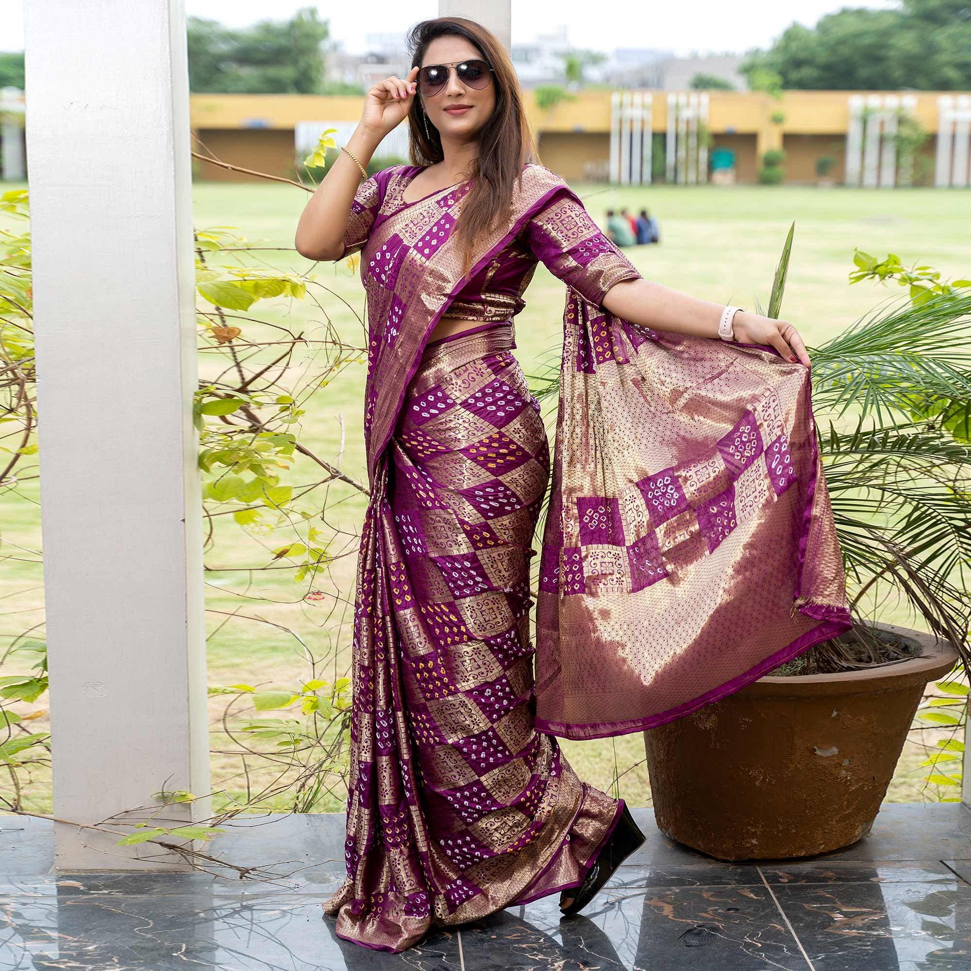 Purple Woven With Bandhani Printed Art Silk Saree - Peachmode