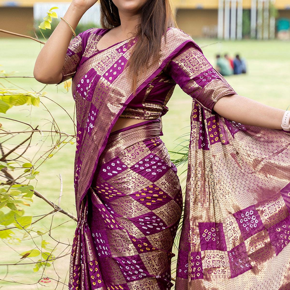 Purple Woven With Bandhani Printed Art Silk Saree - Peachmode