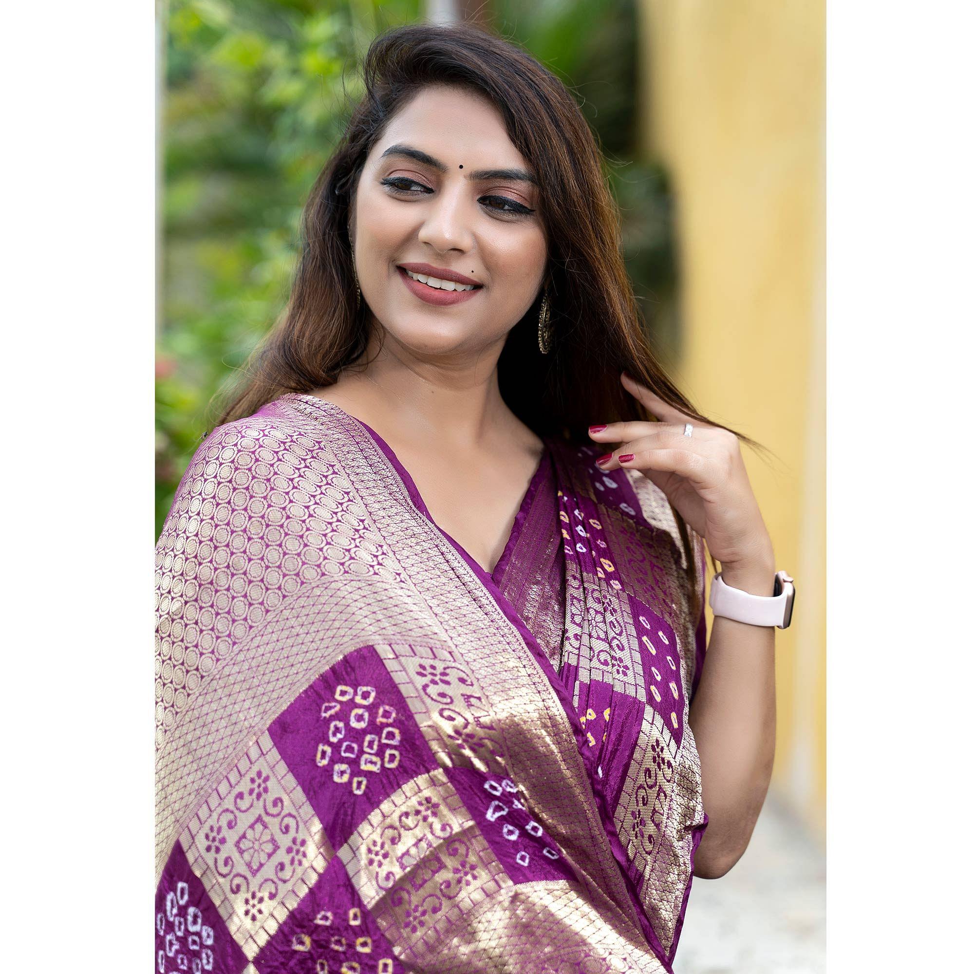 Purple Woven With Bandhani Printed Art Silk Saree - Peachmode