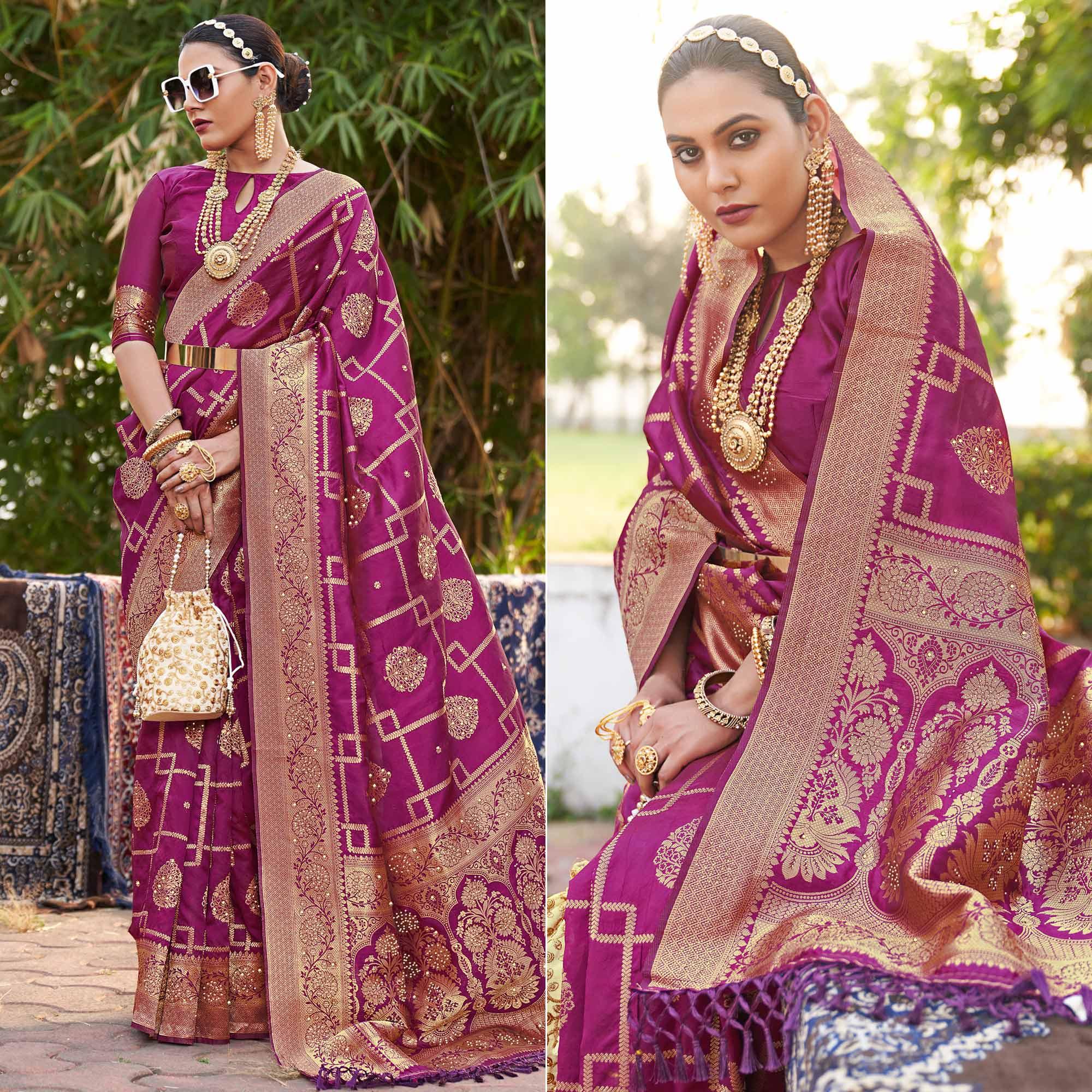 Purple Woven With Embellished Art Silk Saree With Tassels - Peachmode
