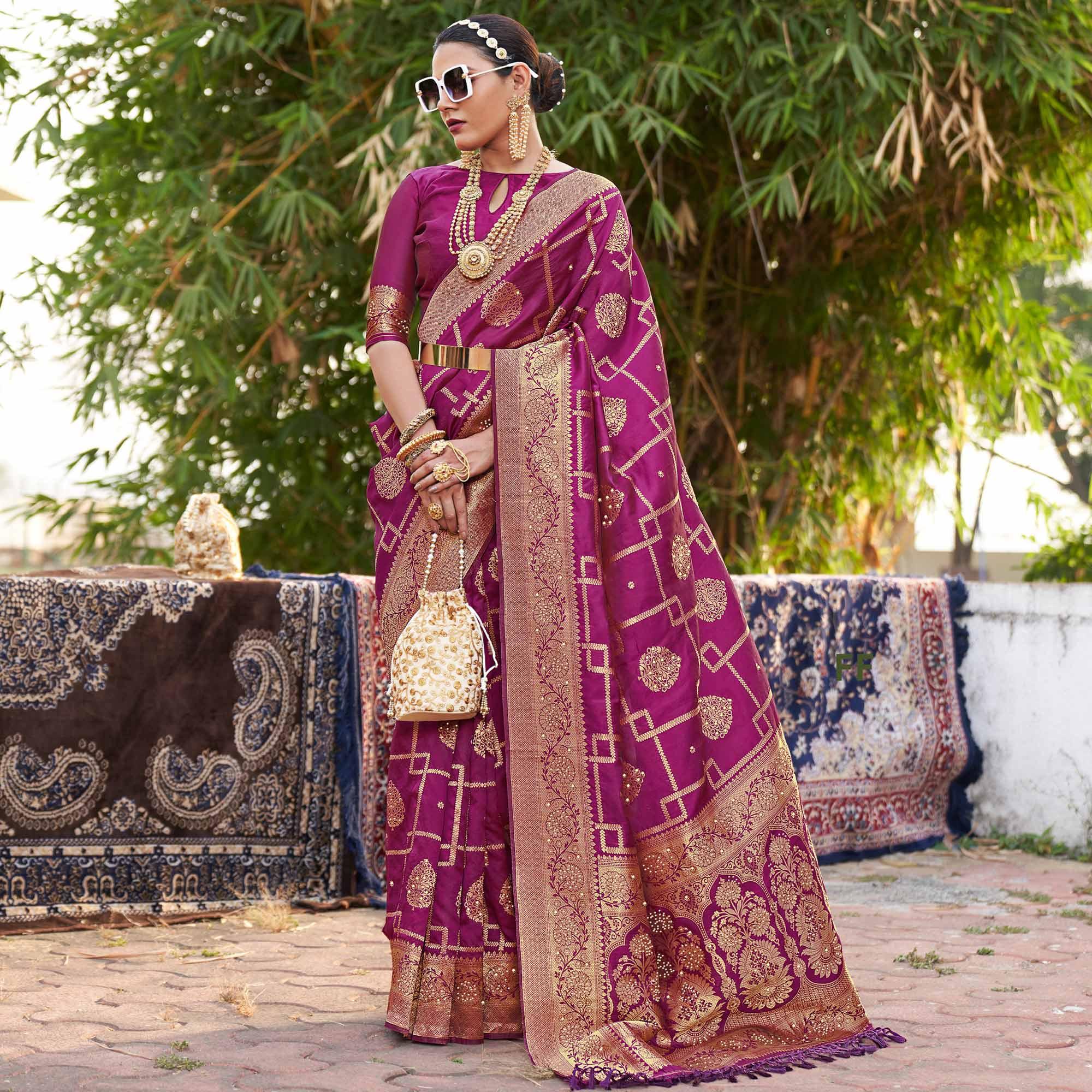 Purple Woven With Embellished Art Silk Saree With Tassels - Peachmode