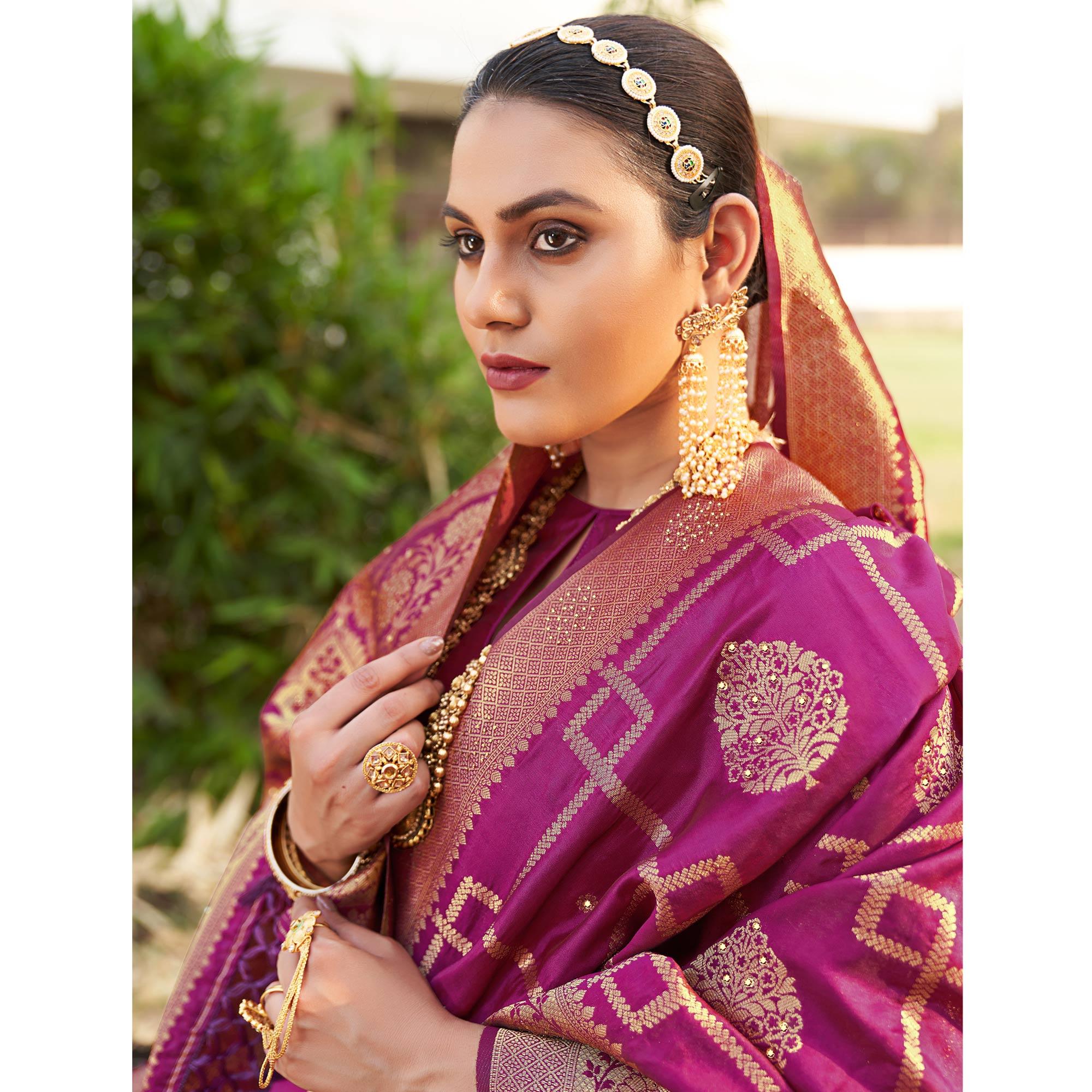 Purple Woven With Embellished Art Silk Saree With Tassels - Peachmode