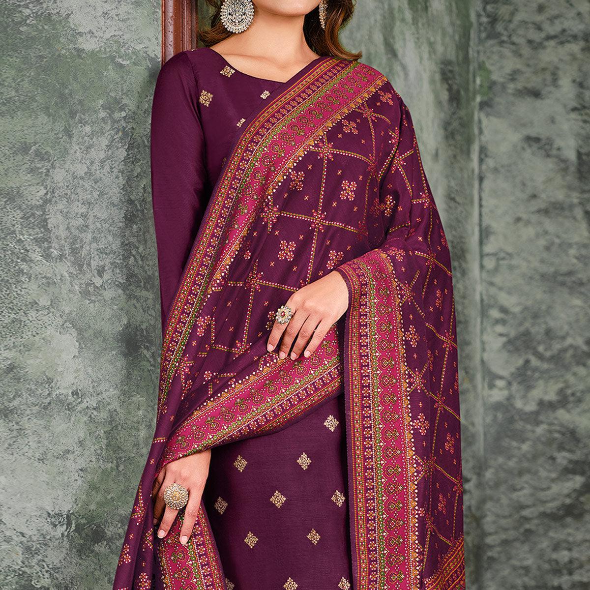 Purple Woven With Swarovski Work Silk Partywear Suit - Peachmode
