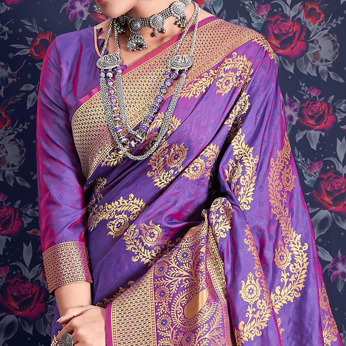 Purple Zari Woven Art Silk Saree - Peachmode