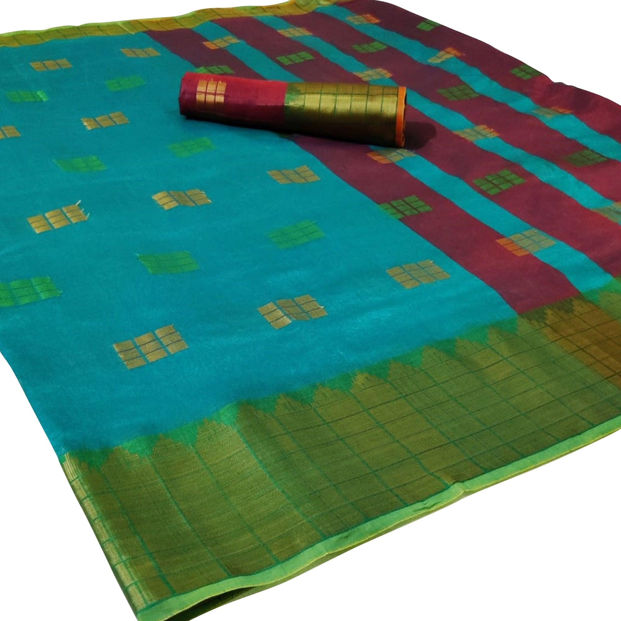 Radiant Aqua Blue Colored Festive Wear Woven Linen Saree - Peachmode