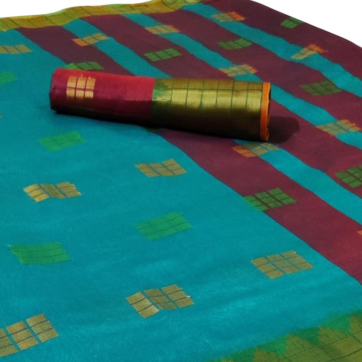 Radiant Aqua Blue Colored Festive Wear Woven Linen Saree - Peachmode