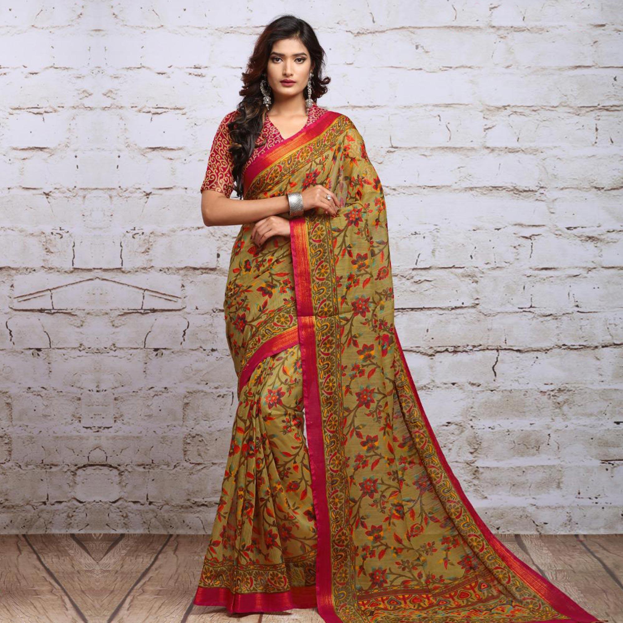Radiant Beige Colored Partywear Floral Printed Cotton Silk Saree - Peachmode