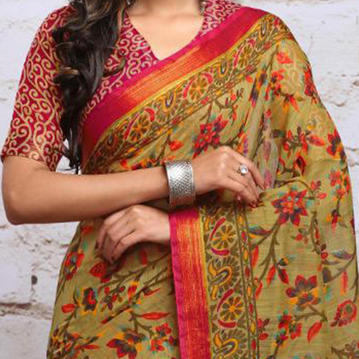 Radiant Beige Colored Partywear Floral Printed Cotton Silk Saree - Peachmode