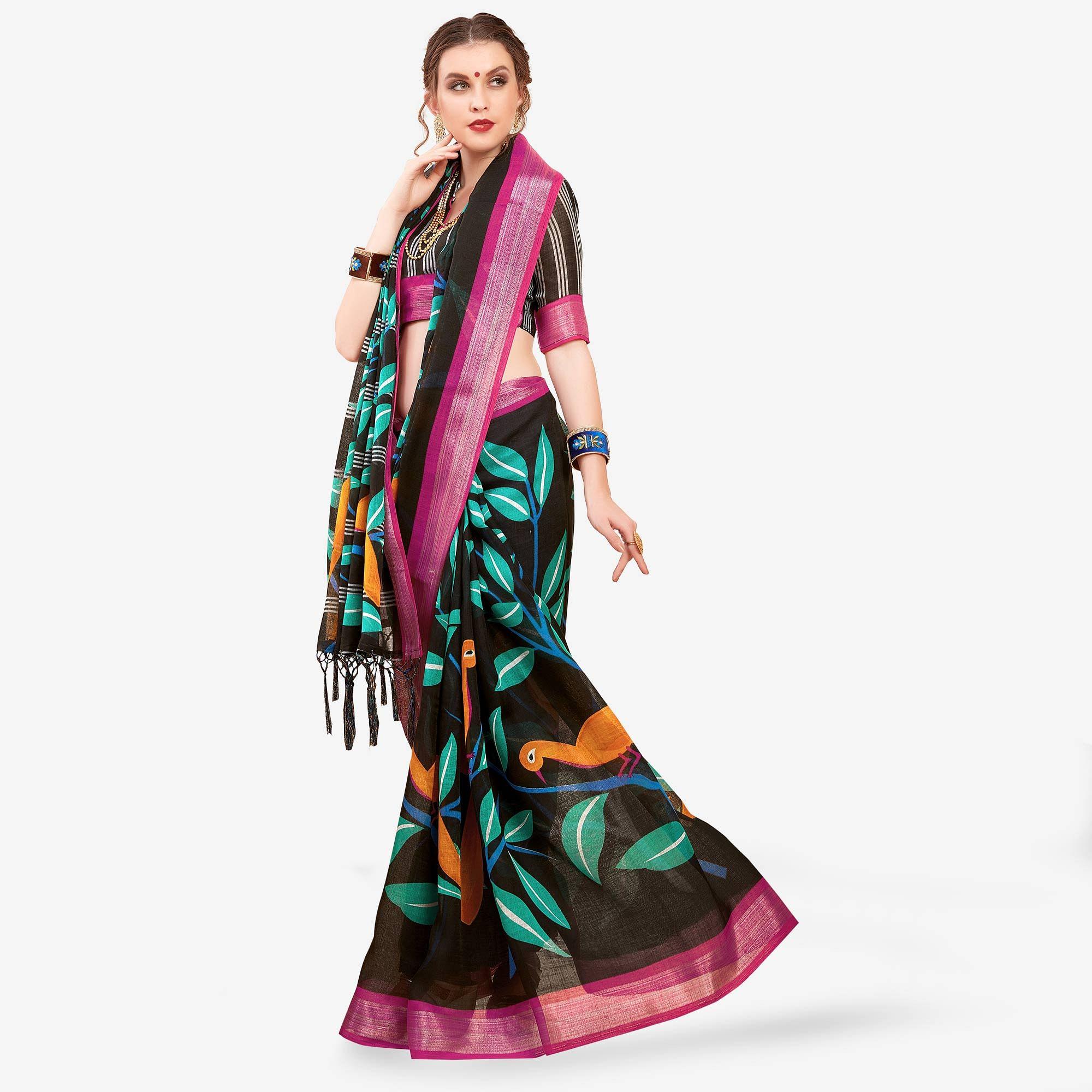 Radiant Black Colored Casual Printed Linen Saree - Peachmode