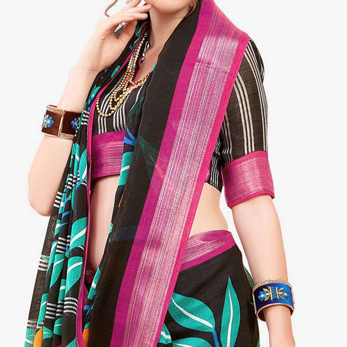 Radiant Black Colored Casual Printed Linen Saree - Peachmode