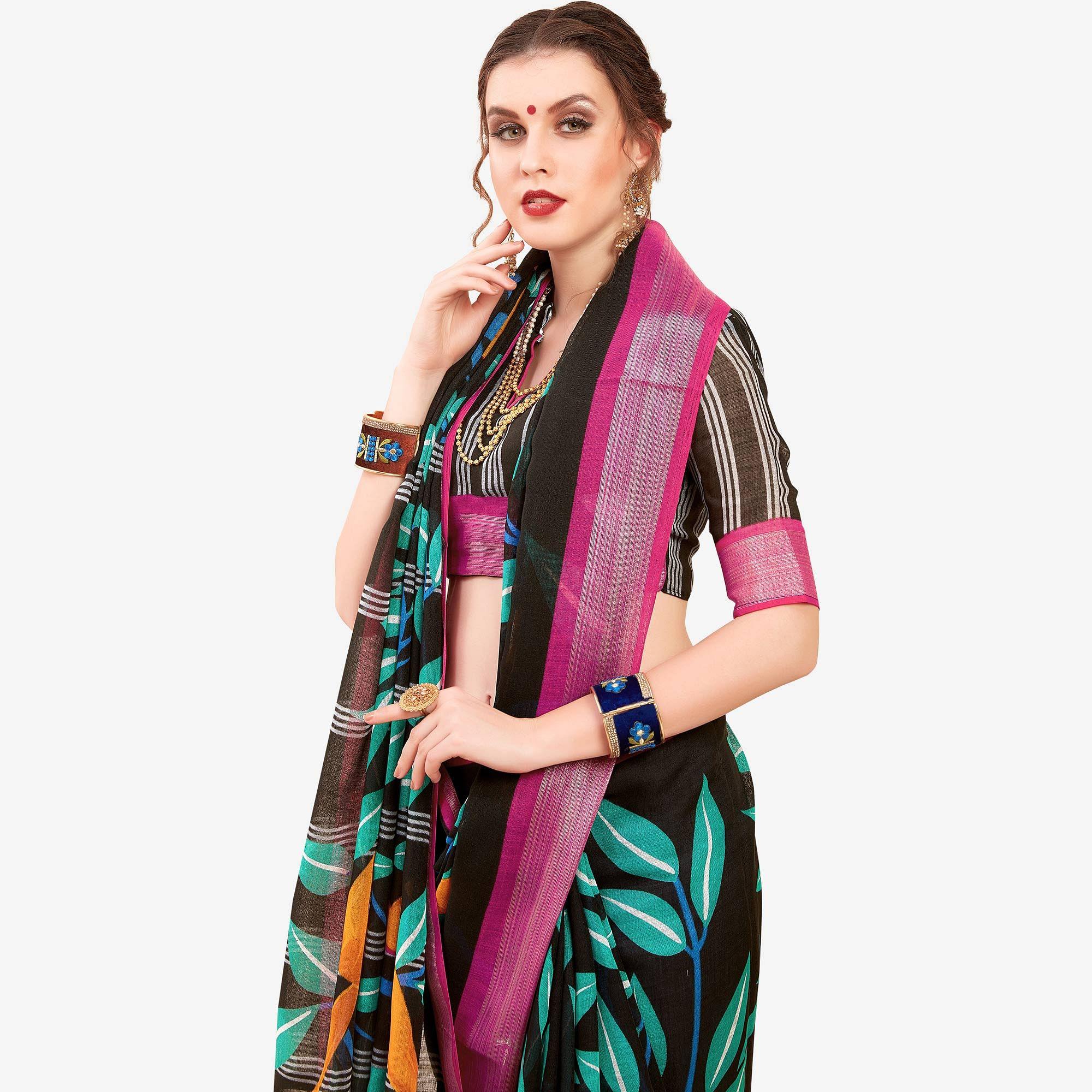 Radiant Black Colored Casual Printed Linen Saree - Peachmode