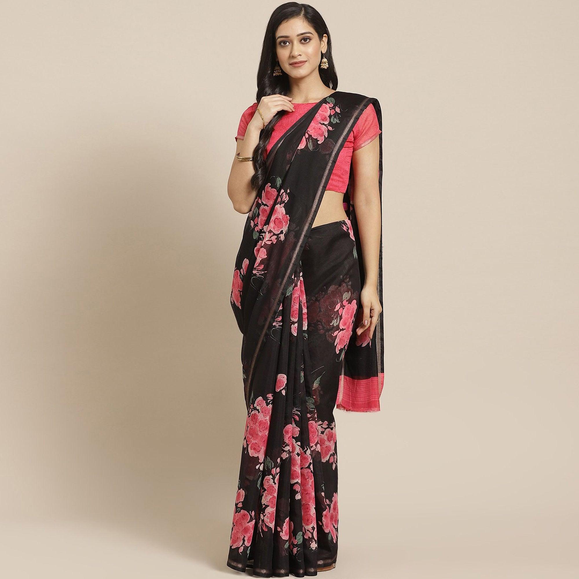 Radiant Black Colored Casual Wear Printed Cotton Blend Saree - Peachmode