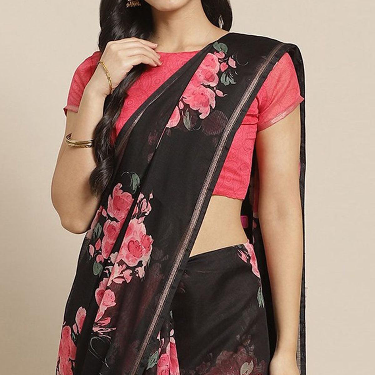 Radiant Black Colored Casual Wear Printed Cotton Blend Saree - Peachmode
