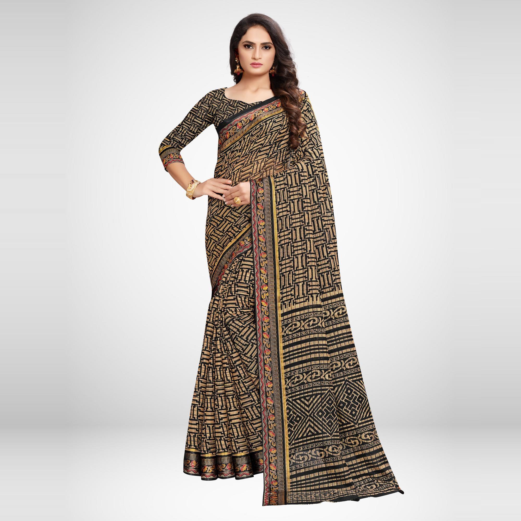 Radiant Black Colored Casual Wear Printed Silk Blend Saree - Peachmode