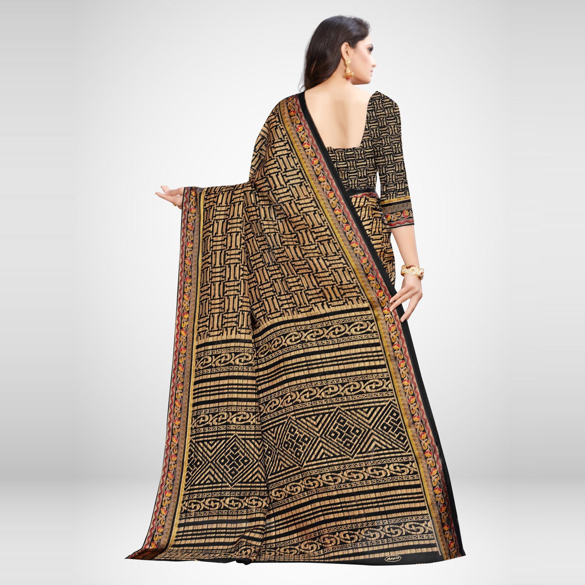 Radiant Black Colored Casual Wear Printed Silk Blend Saree - Peachmode