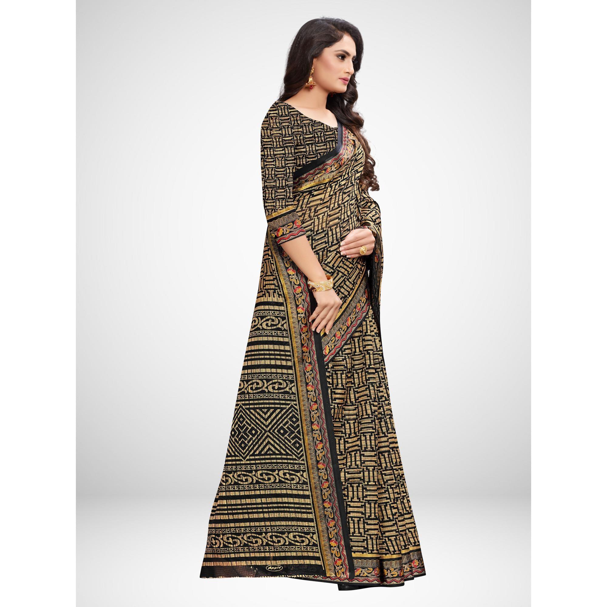 Radiant Black Colored Casual Wear Printed Silk Blend Saree - Peachmode