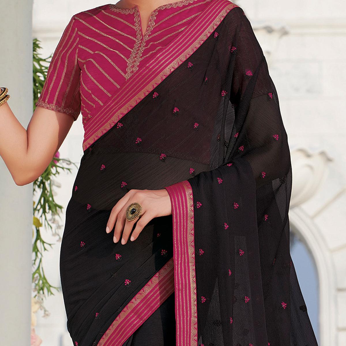 Radiant Black Colored Party Wear Embroidered Chiffon Saree - Peachmode