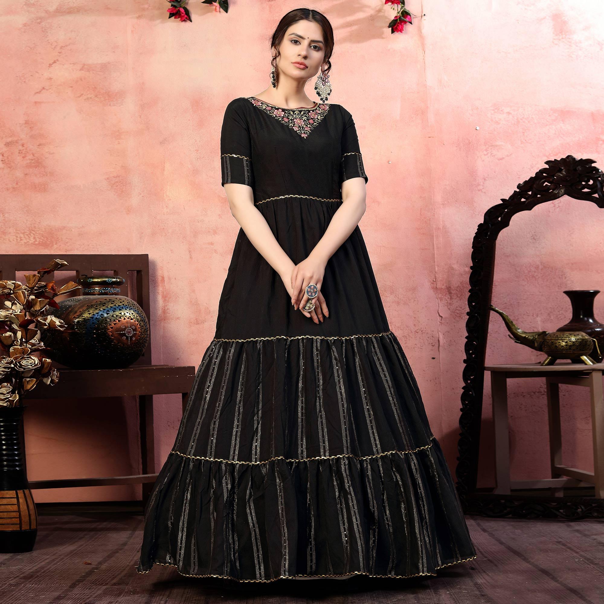Radiant Black Colored Party Wear Embroidered Silk Anarkali Long Gown - Peachmode