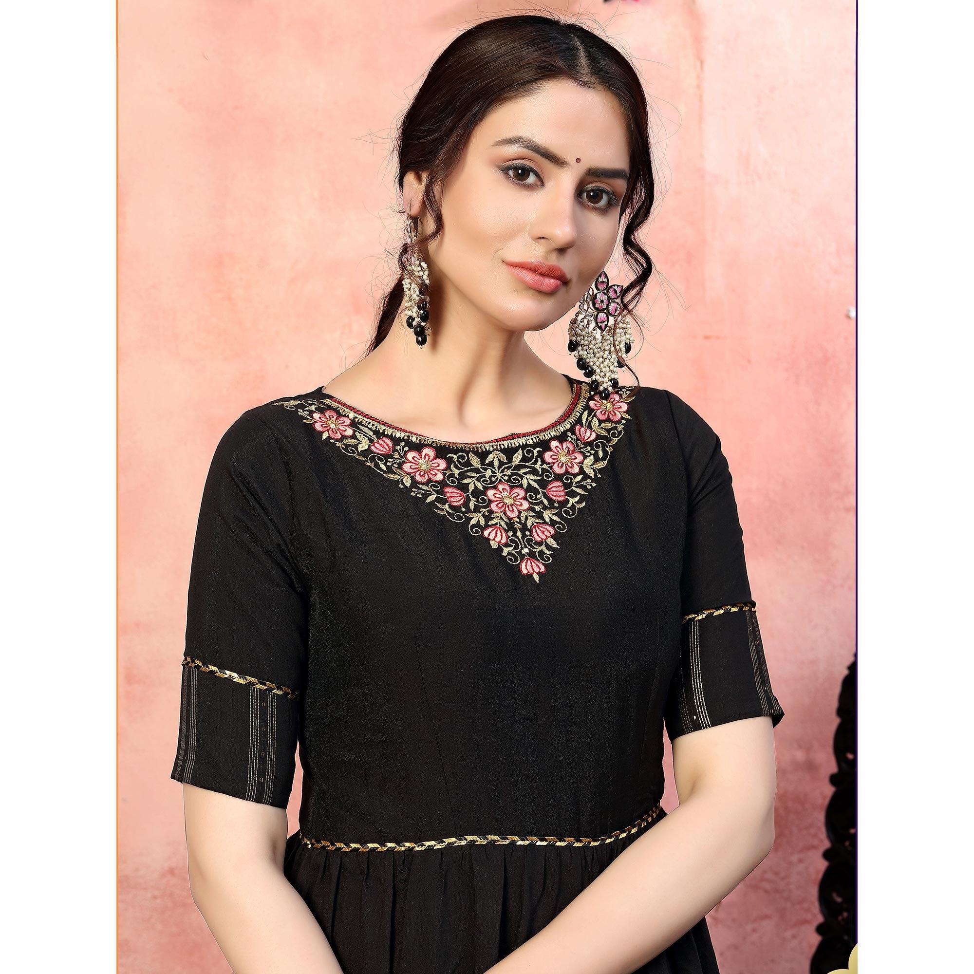 Radiant Black Colored Party Wear Embroidered Silk Anarkali Long Gown - Peachmode