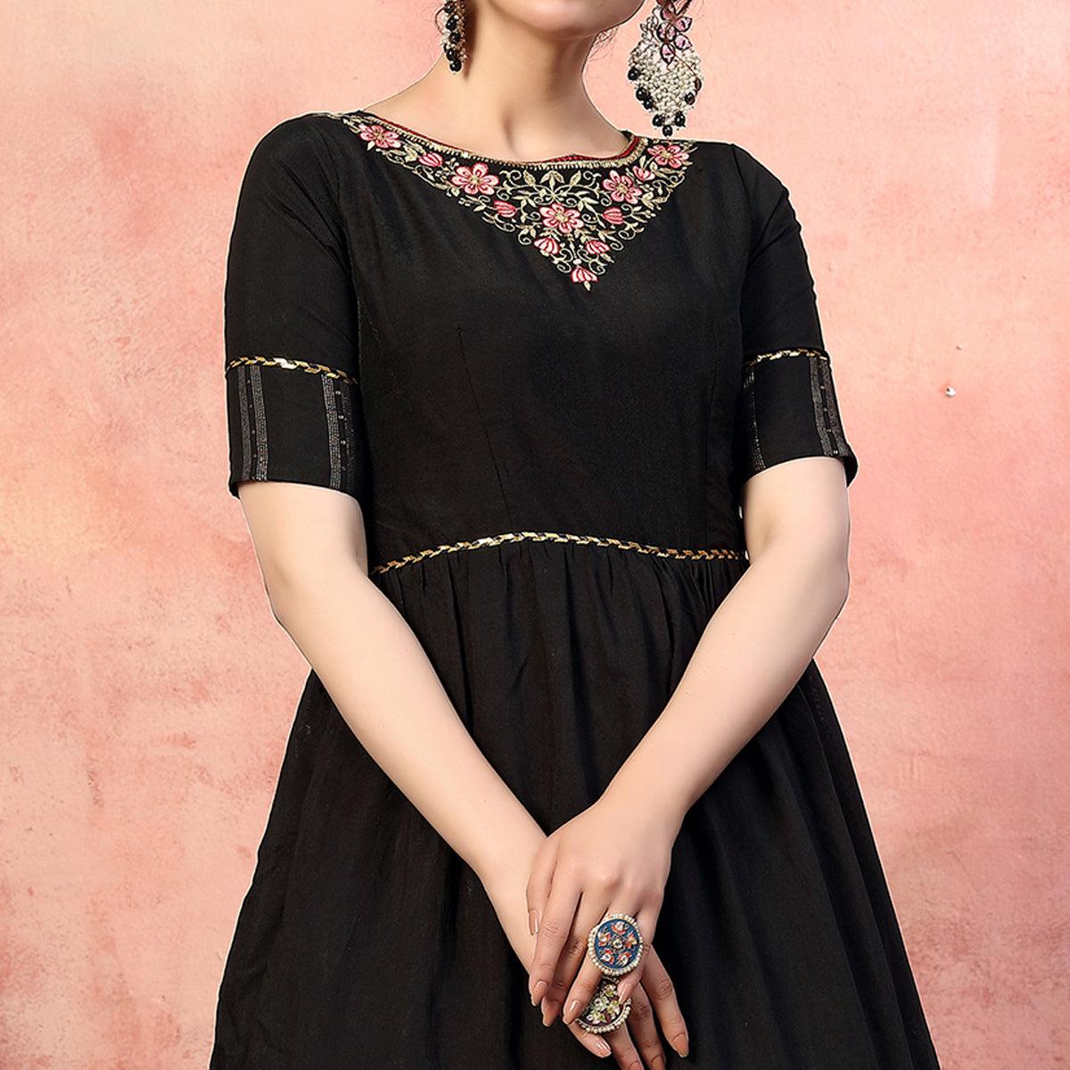 Radiant Black Colored Party Wear Embroidered Silk Anarkali Long Gown - Peachmode