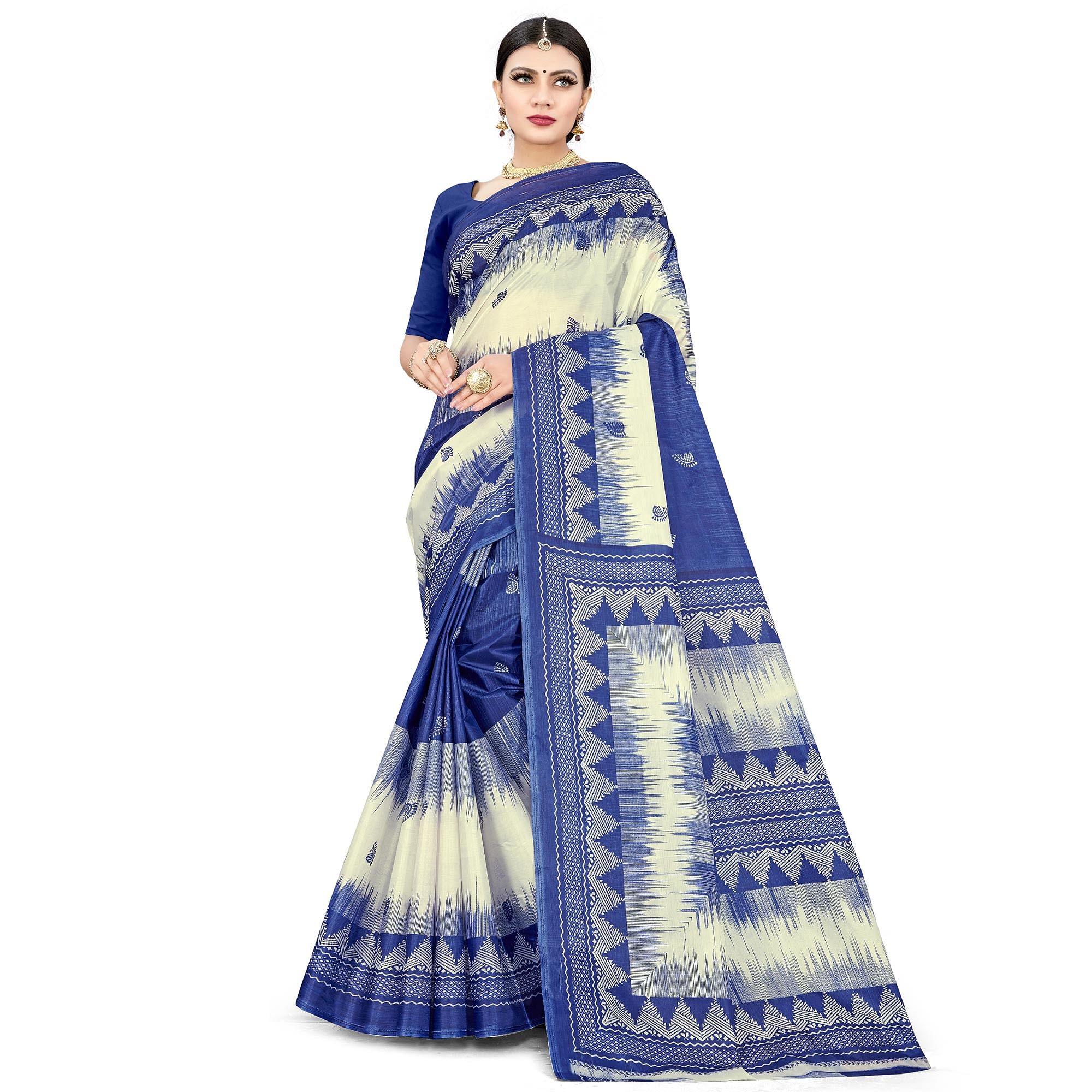 Radiant Blue Colored Casual Wear Printed Cotton Silk Saree - Peachmode