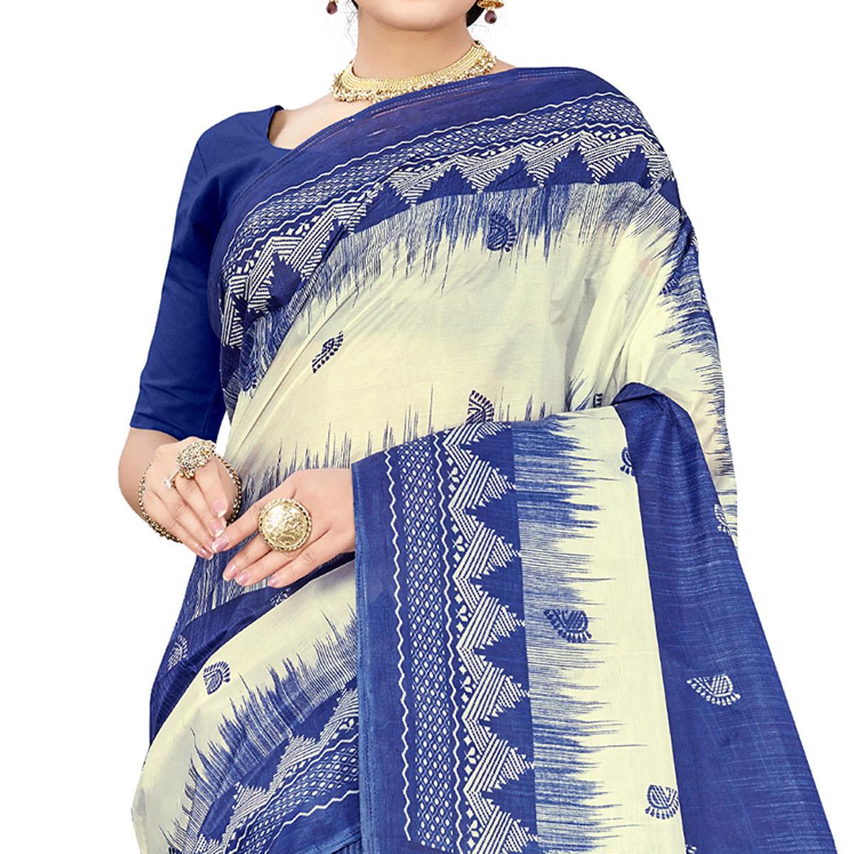Radiant Blue Colored Casual Wear Printed Cotton Silk Saree - Peachmode